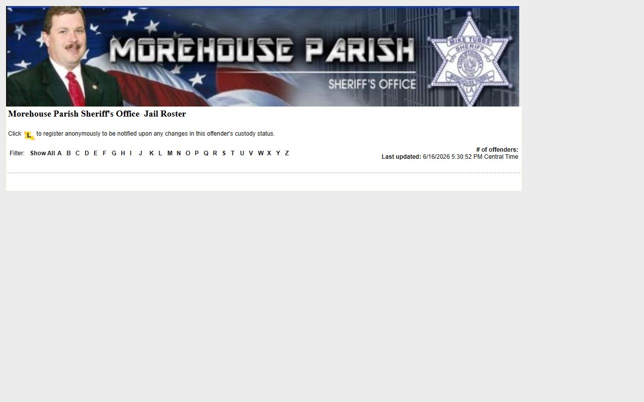 Morehouse Parish jail roster inmate population search screen